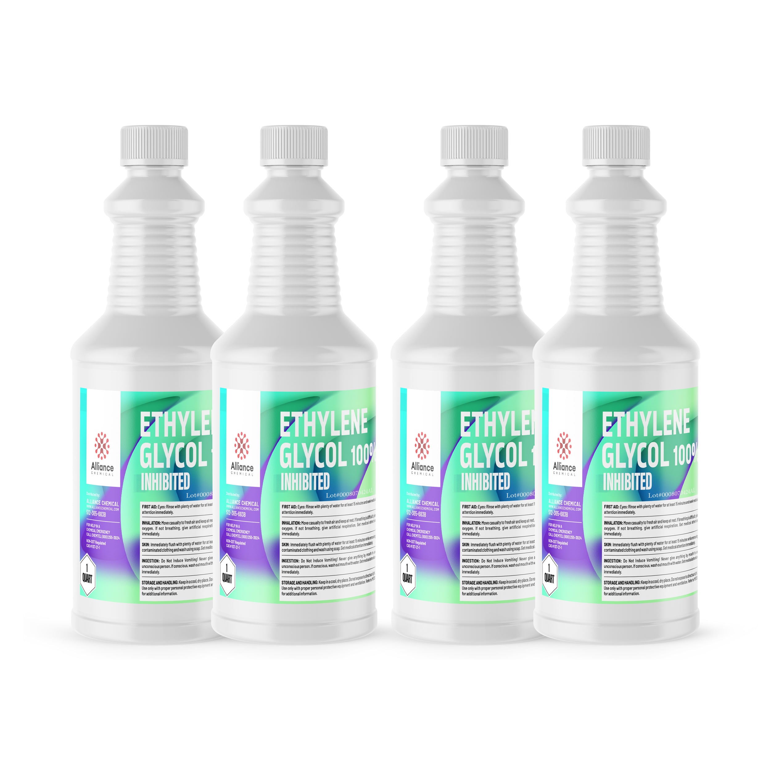 Four 1-quart bottles of Inhibited Ethylene Glycol coolant by Alliance Chemical, white HDPE containers with turquoise-green labels and hazard warning symbols.